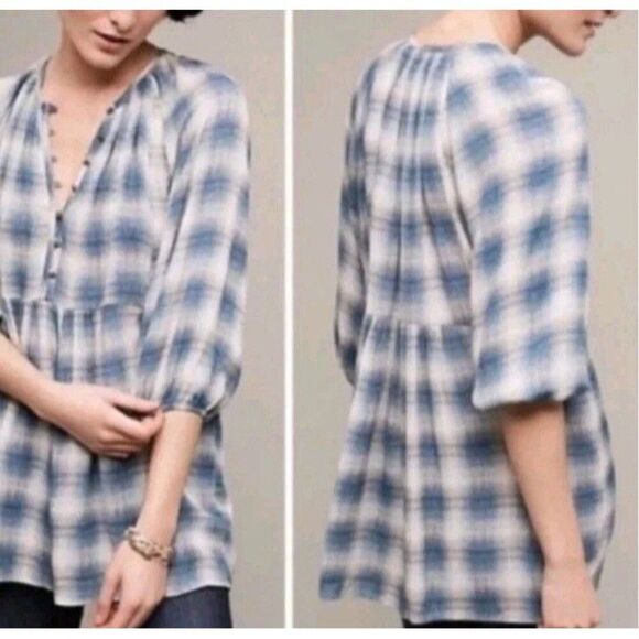 Maeve Anthropologie Plaid Rayon Oversized Peplum Tunic Cavalon Top Size Large - Picture 1 of 10